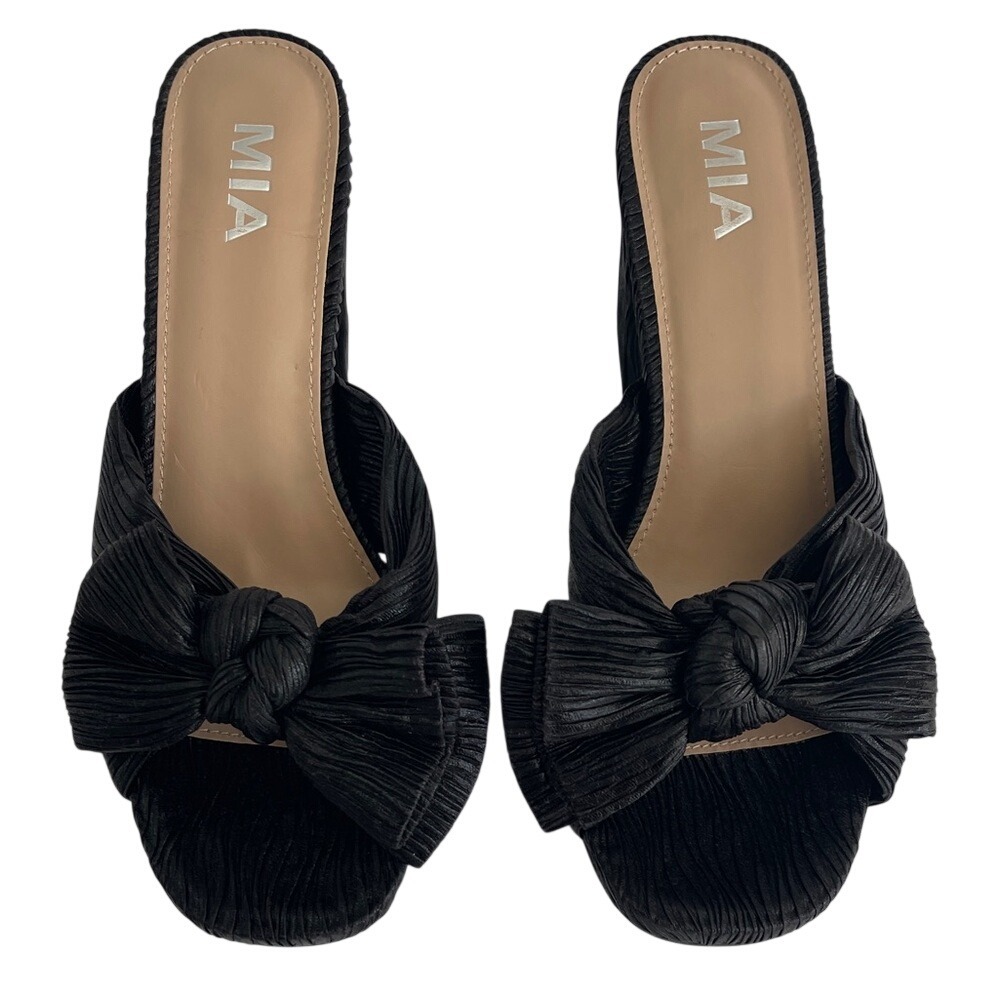MIA Black Knotted Bow Slide Mules Heels Sandals 7.5 NWT